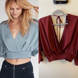 Express satin cropped surplus top